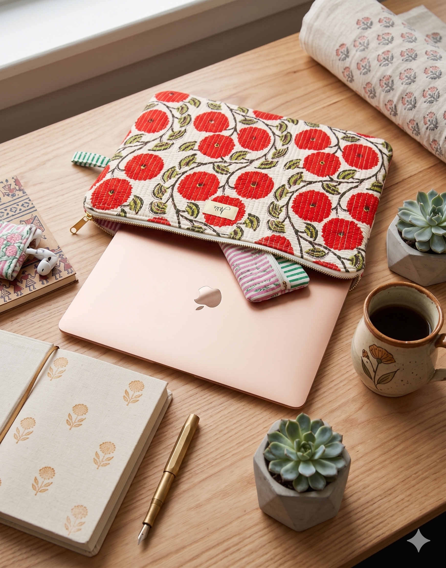 A quilted laptop sleeve with an orangish-red-coloured dahlia-like floral pattern all over on a white base is carrying a laptop placed on a wooden study table with houseplants, a coffee mug, a notebook and a pen. 