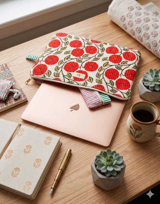 A quilted laptop sleeve with an orangish-red-coloured dahlia-like floral pattern all over on a white base is carrying a laptop placed on a wooden study table with houseplants, a coffee mug, a notebook and a pen. 