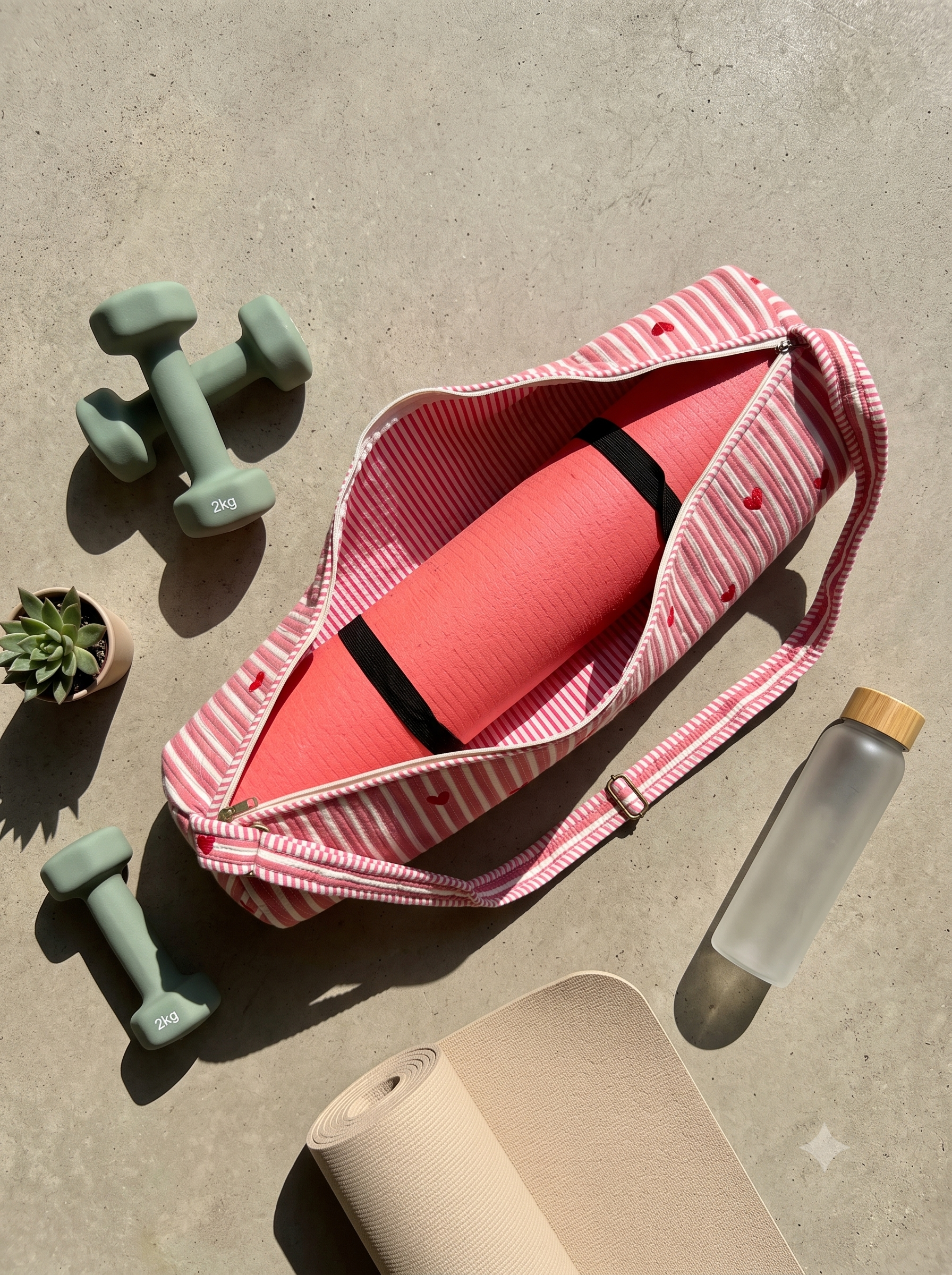 A pink and white striped yoga mat cover with little red heart with pink yoga mat inside it and dumbells on teh sides. 