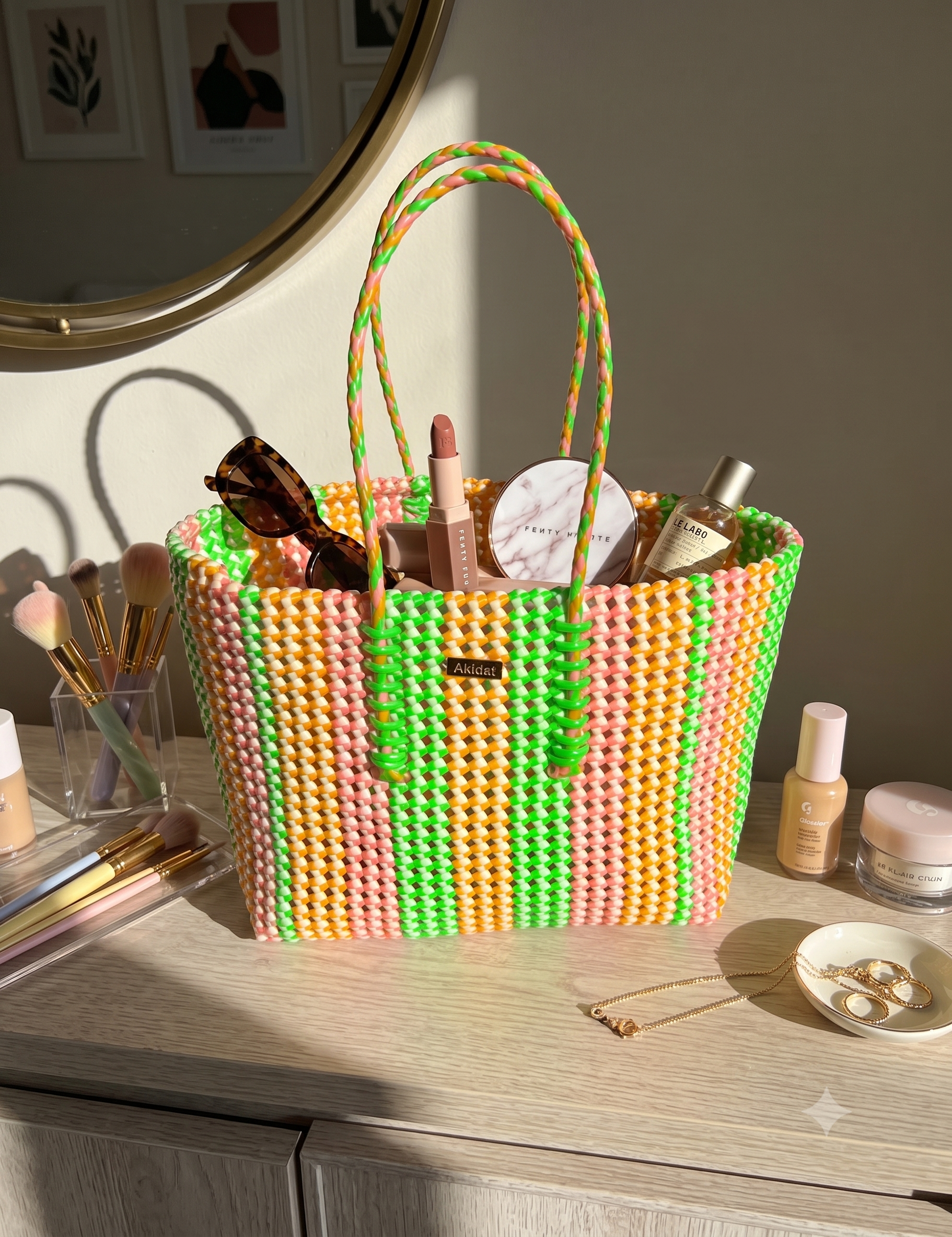A colourful woven recycled plastic tote bag with green, orange, and pink stripes sits on a light wood vanity table, filled with cosmetics and accessories. The background shows a softly lit room with a mirror and framed art.