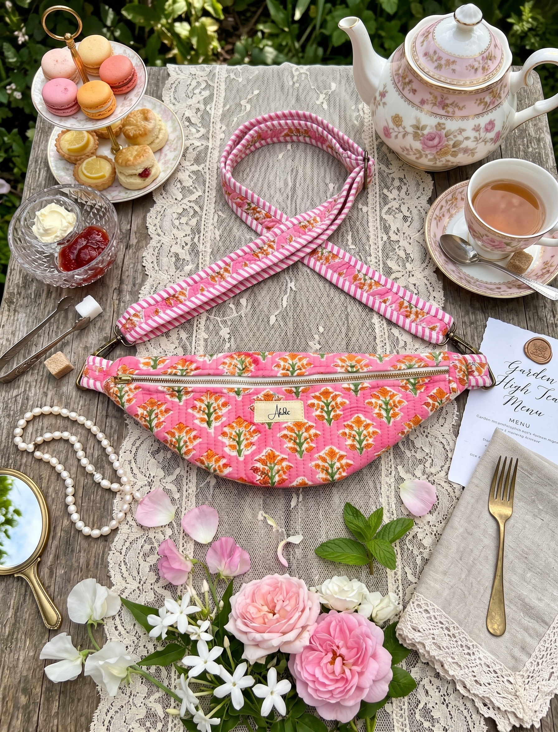 A pink floral fanny pack with a striped shoulder strap is styled in a tea-time setting on a lace table runner, surrounded by a teapot, cup of tea, macarons, and flowers.