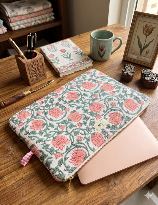 Quilted laptop sleeve with a white base and a pink and green lotus-like blockprint pattern all over with a laptop inside, on a wooden study table with a notebook, photo frame, pen holder and some wooden blocks and a mug.