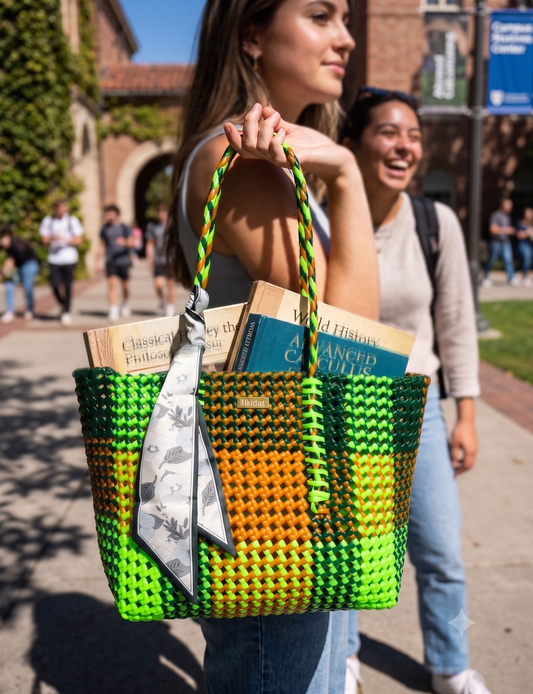 A woman outdoors on a sunny campus walkway carries a bright woven tote bag made from neon green, dark green, and orange strips, with a patterned scarf hanging from the handle and books tucked inside.
