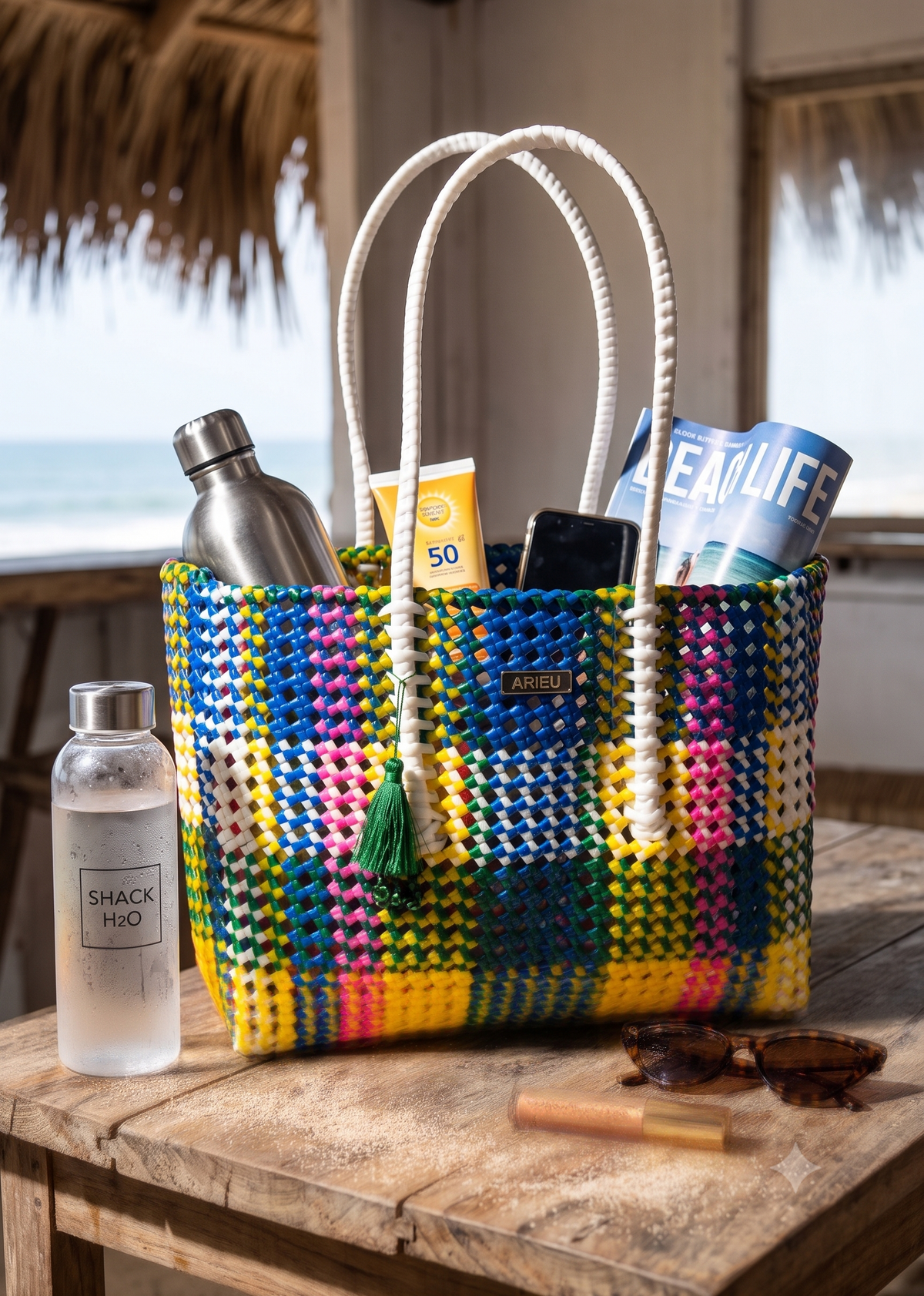 A colorful rceycled plastic woven tote bag with white  handles sits on a wooden table in a beachside setting, filled with a metal bottle, sunscreen, a phone, and a magazine. A clear water bottle labeled SHACK H2O and sunglasses are placed beside it.
