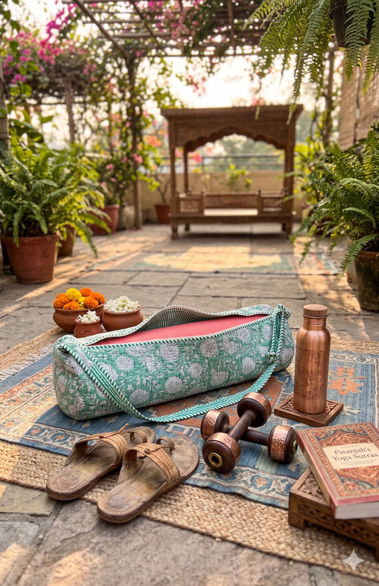 Teal yoga mat bag with a pink yoga mat inside on a rug outdoors, surrounded by plants and a wooden bench.