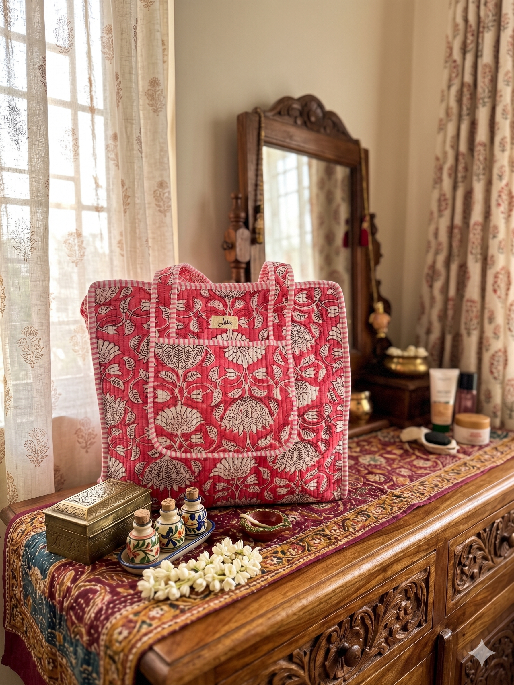 Crimson-coloured quilted floral tote bag with block print placed on a wooden dresser. 