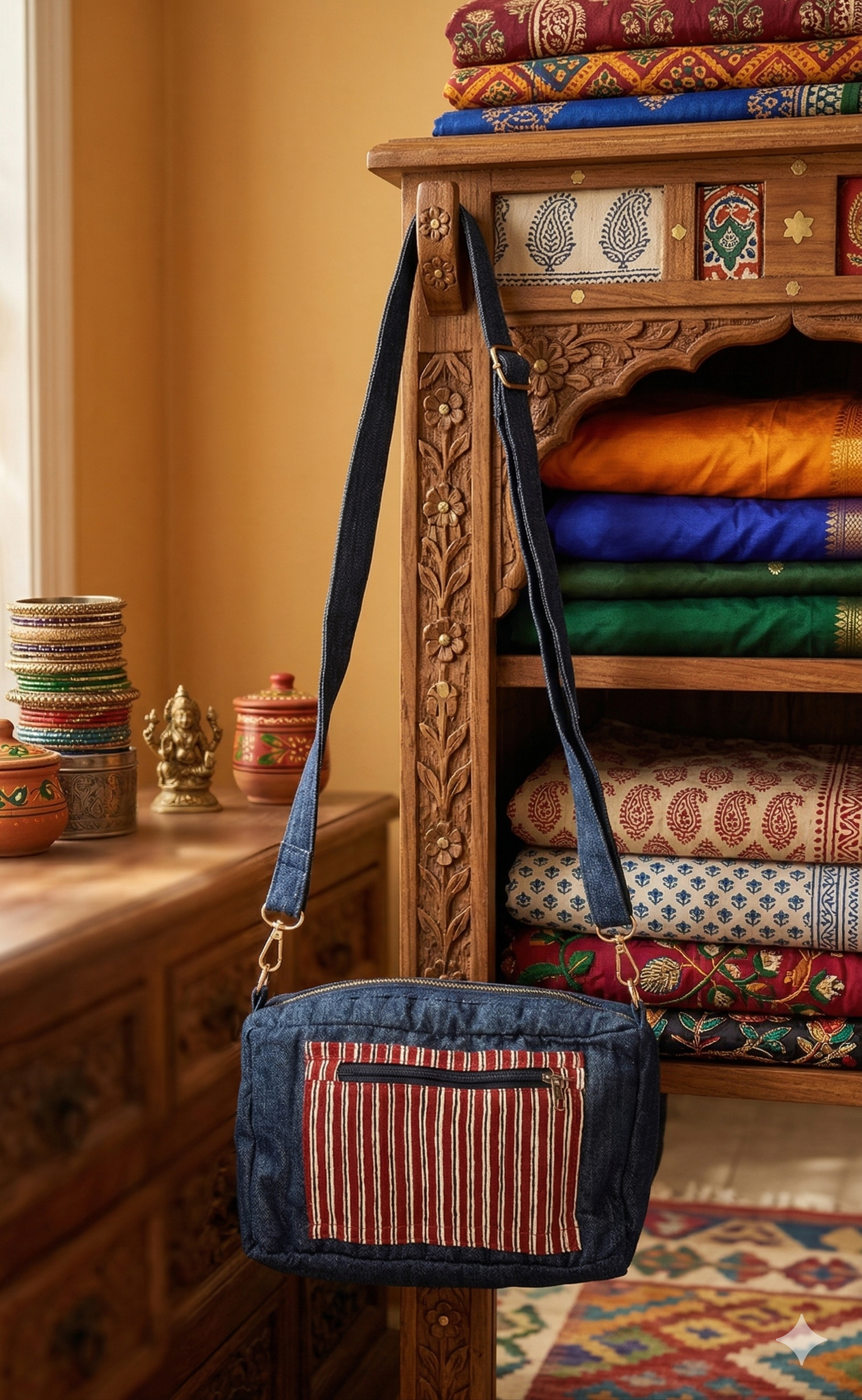 Blue denim sling bag with striped cotton patch pocket with zipper on a wooden stand against a colotrful fabric background