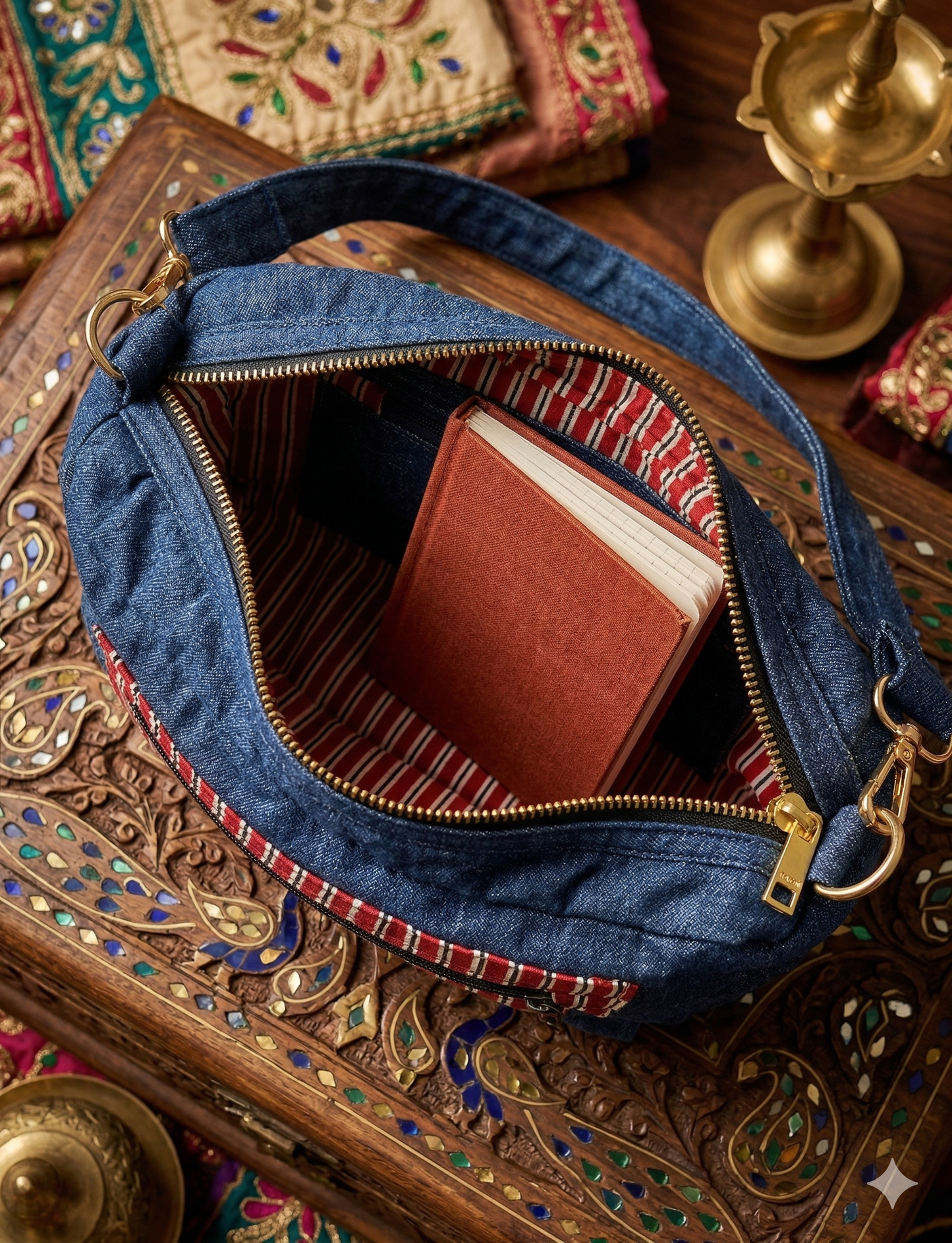 Blue denim sling bag with red stripped interior carrying a red notebook inside on an ornate wooden surface