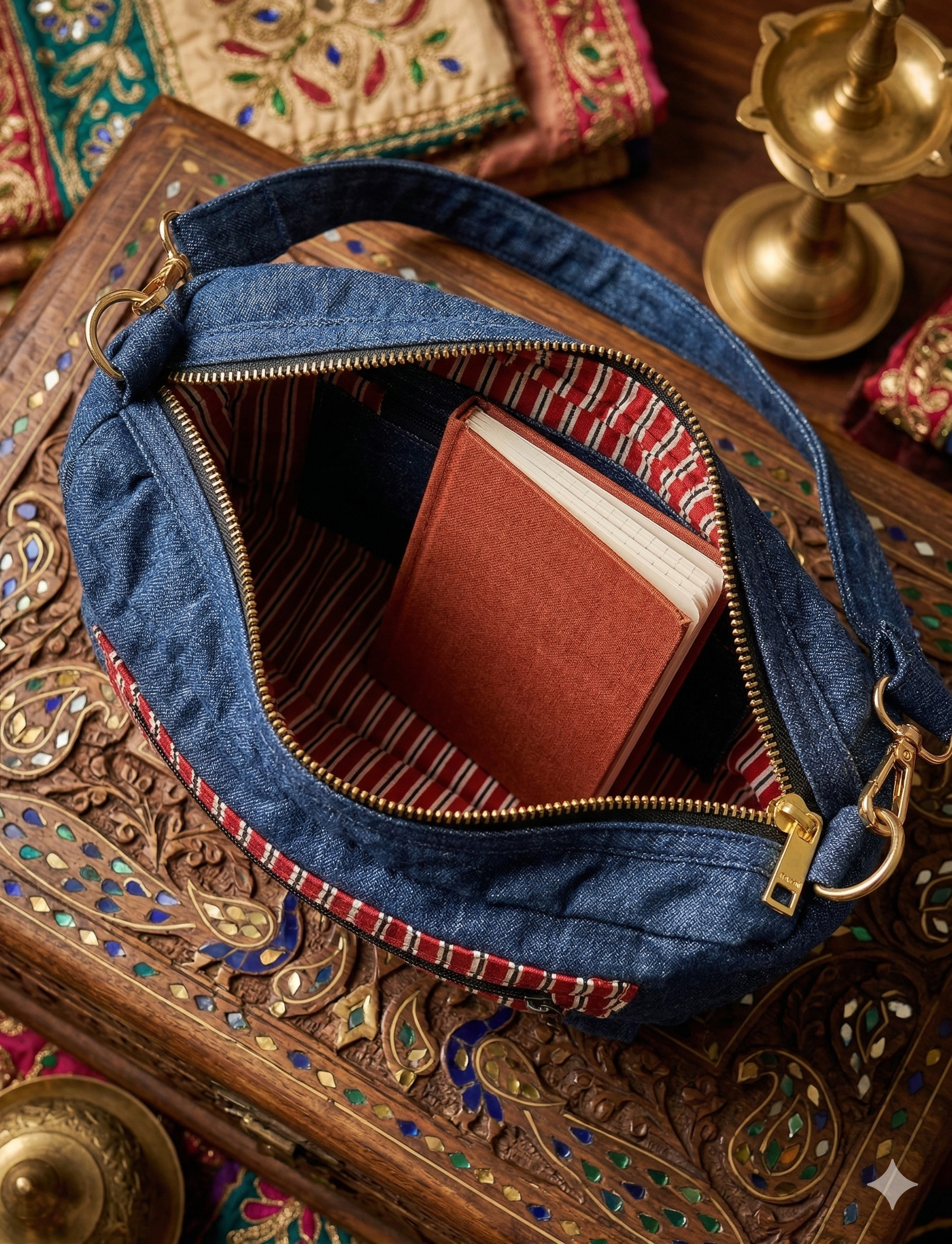 Blue denim sling bag with red stripped interior carrying a red notebook inside on an ornate wooden surface
