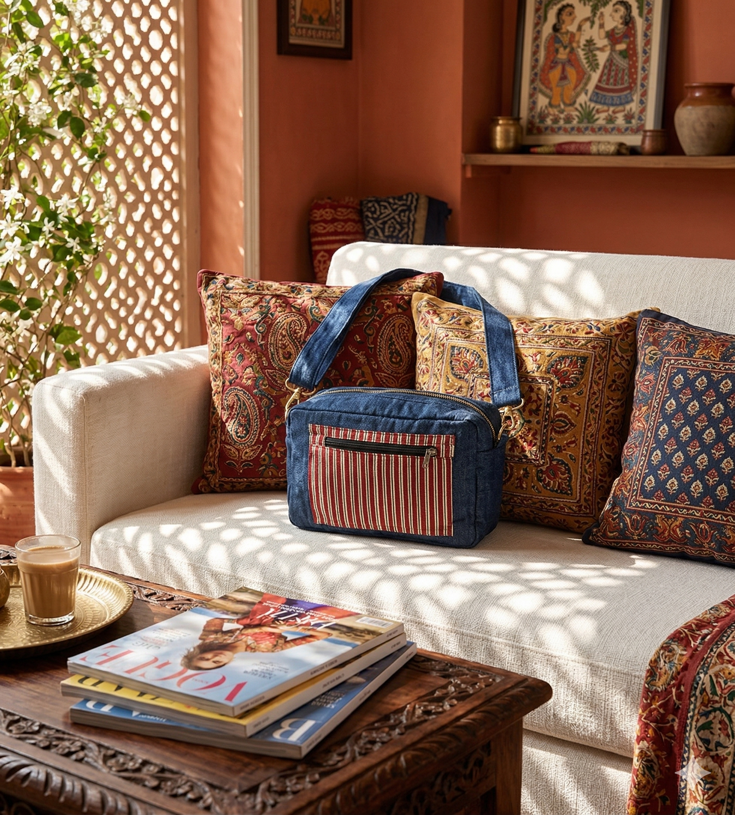 Decorative pillows on a sofa with a striped patch denim sling bag and books on a table in a sunlit room.