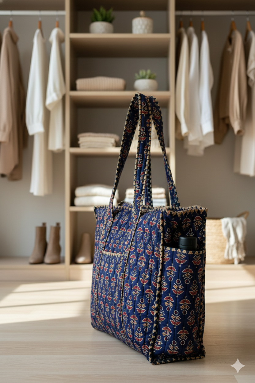 Blue Indie patterened quilted zippered tote bag on a wooden floor in a closet room in the background
