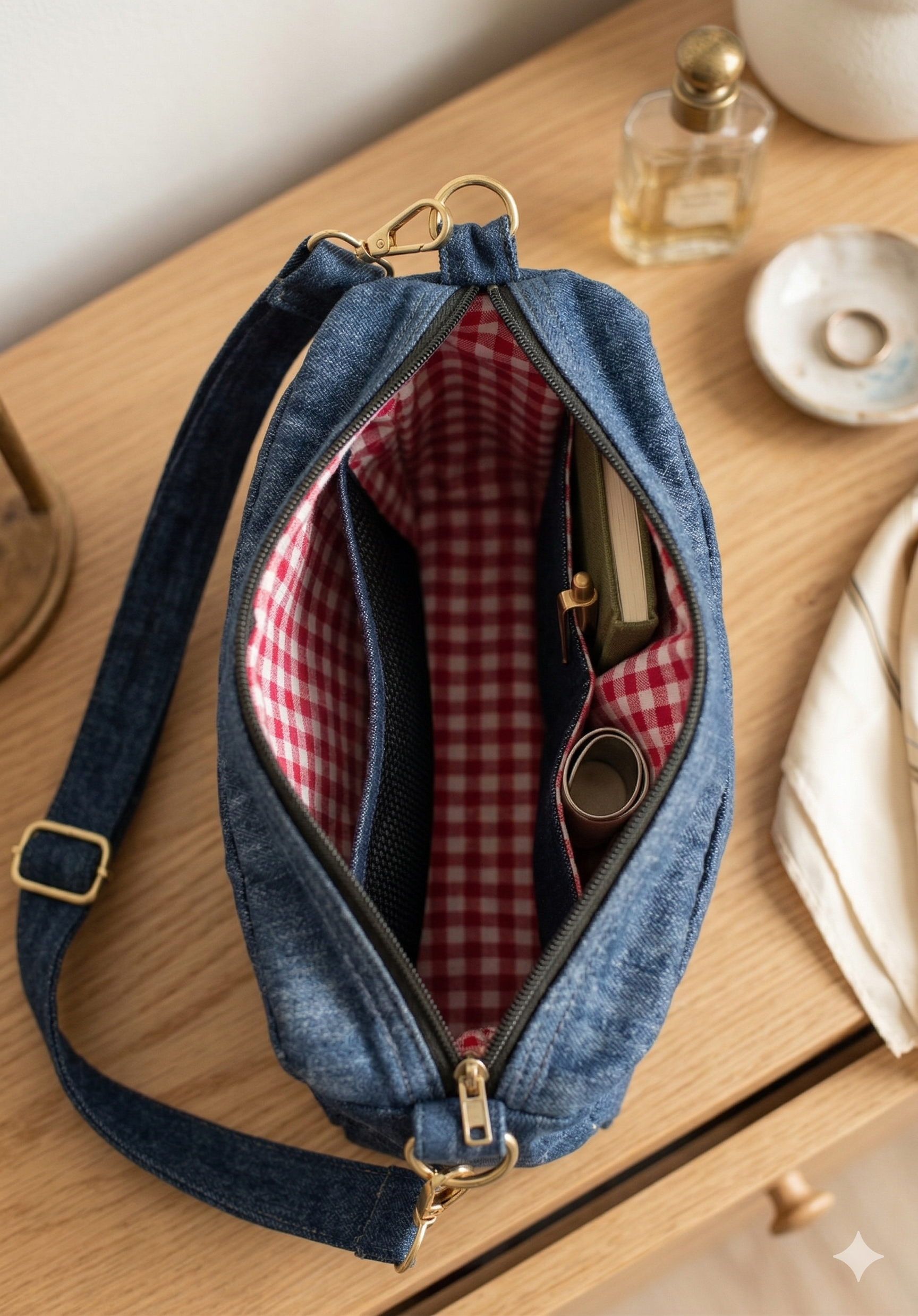 Blue denim sling bag with a pink checkered interior on a wooden surface.