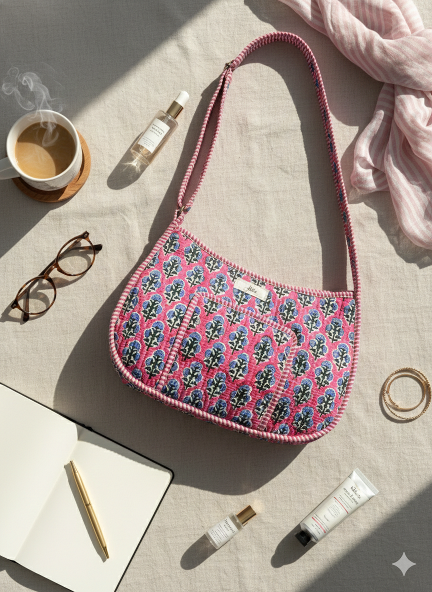 Pink and blue coloured Floral patterned crossbody bag with adjustable straps on a table with plain background, along with glasses, and other items.