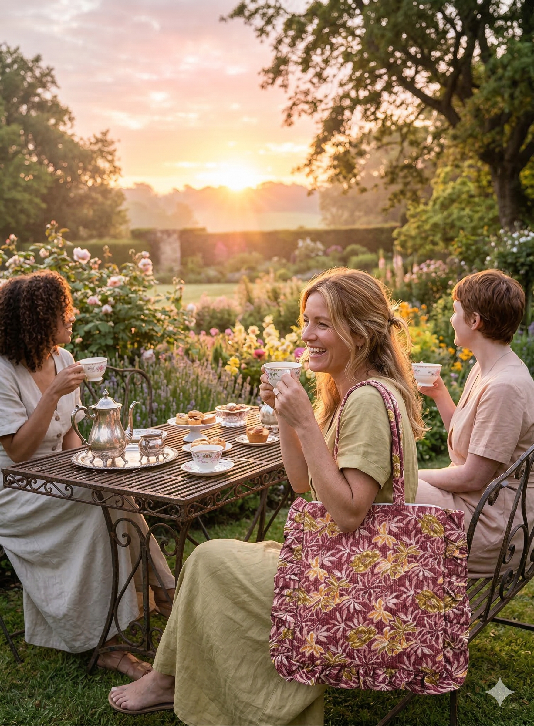 woman carrying a ruffled floral zippered quilted tote  enjoying tea in a garden at sunset with friends. 