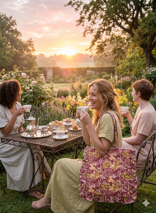 woman carrying a ruffled floral zippered quilted tote  enjoying tea in a garden at sunset with friends. 