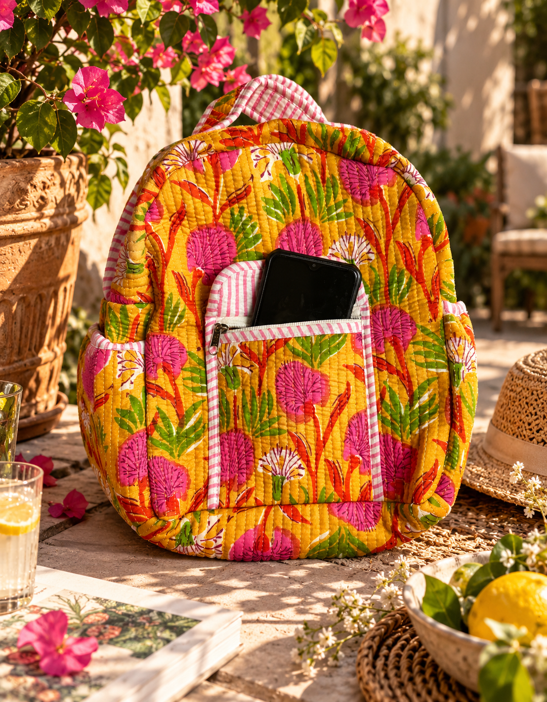 A quilted mini backpack with a vibrant yellow, pink, and green floral pattern sits on a stone patio surrounded by potted plants, flowers, and outdoor accessories.