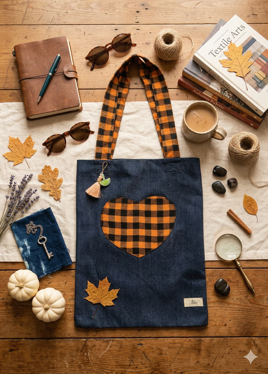 Blue denim tote bag with an orange and black checkered heart design pocket and straps on a wooden table with autumn-themed items.