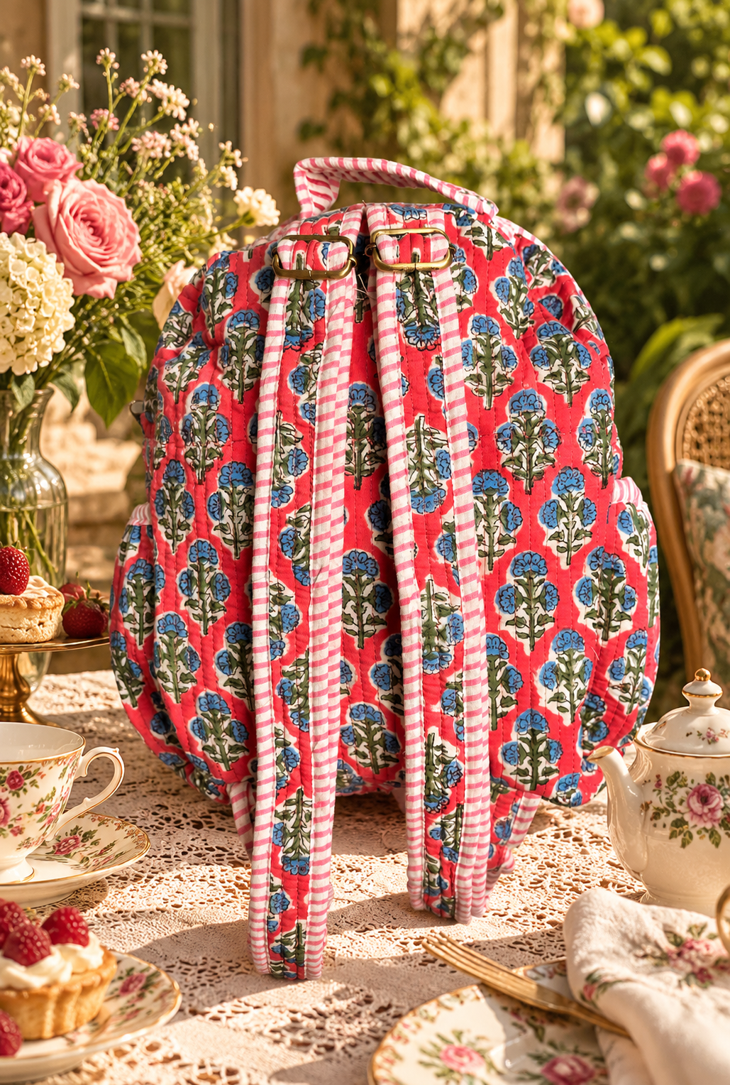 A pink mini backpack with a blue floral blockprint pattern with adjustable straps in pink & white stripes, kept on a tea table with cups and floral decorations in a garden space.