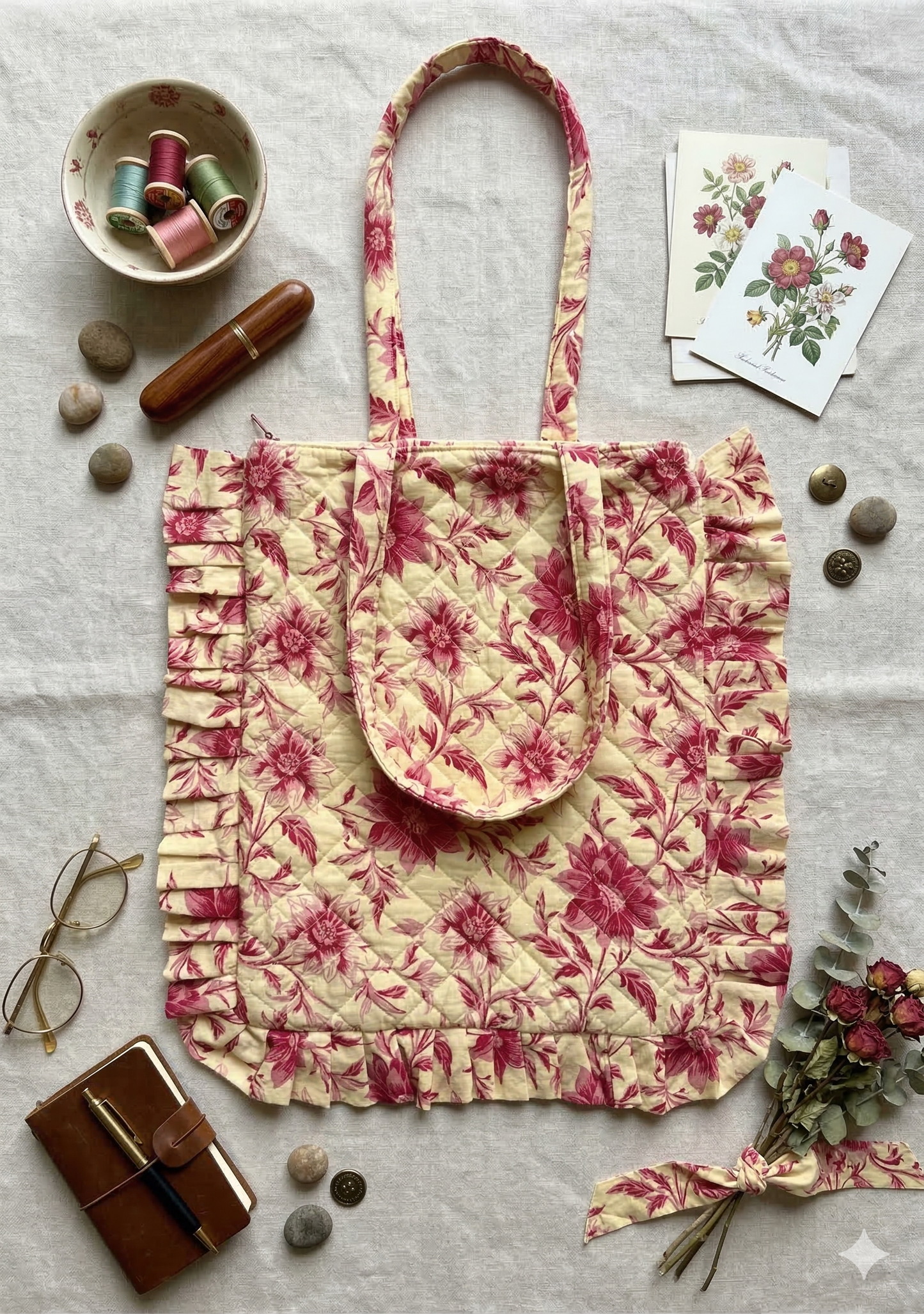 Pink floral quilted tote with frills and zipper placed on a white surface with small things like buttons, diary, cards, threads, flowers