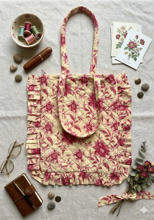 Pink floral quilted tote with frills and zipper placed on a white surface with small things like buttons, diary, cards, threads, flowers