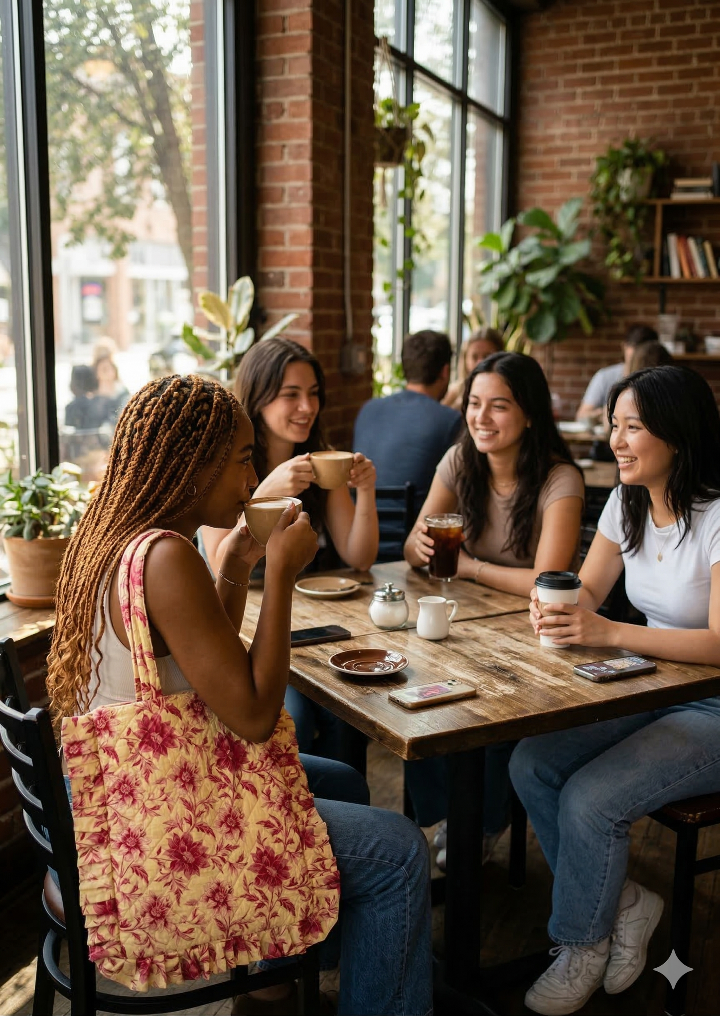 A girl carrying pink and beige floral quilted zipper tote bag with frills enjoying coffee with three friends  sitting at a wooden table in a cosy cafe, enjoying drinks and conversation. 