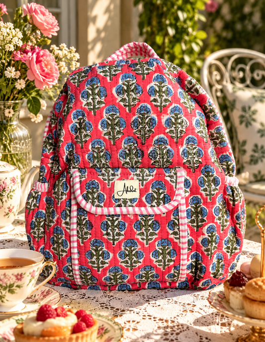 A quilted fabric backpack with a pink, blue, and green floral damask pattern and striped trim, styled on an outdoor patio table with a teacup, pastries, and flowers.