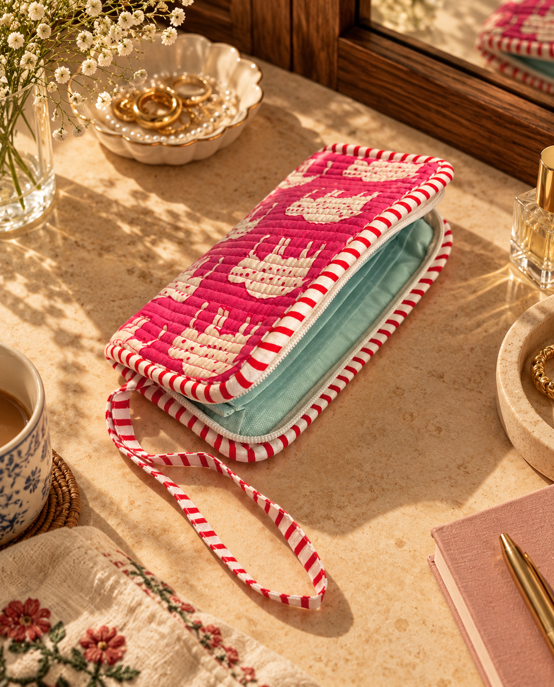 A pink base wallet with a cute white elephant pattern on a quilted wallet with an open zipper showcasing the water-resistant sectioned interiors. It is resting on a table with other accessories and flowers. 