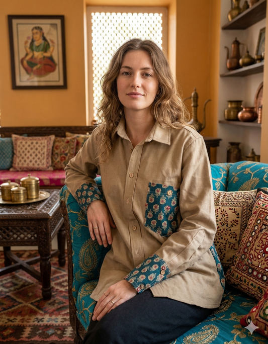 A woman sitting on a colourful sofa wearing a beige denim shirt with teal floral patches on the pocket, cuffs in a decorated room with a painting on the wall.