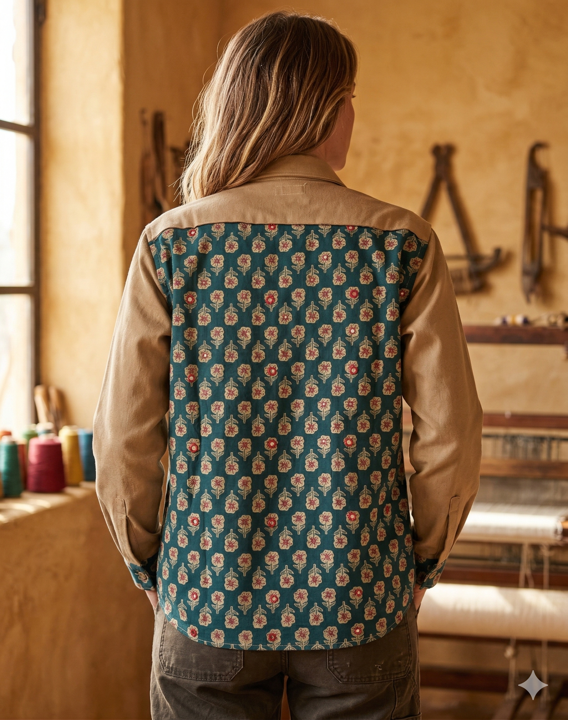 A person wearing a beige denim shirt with a printed cotton floral pattern on the back, standing in a workshop.
