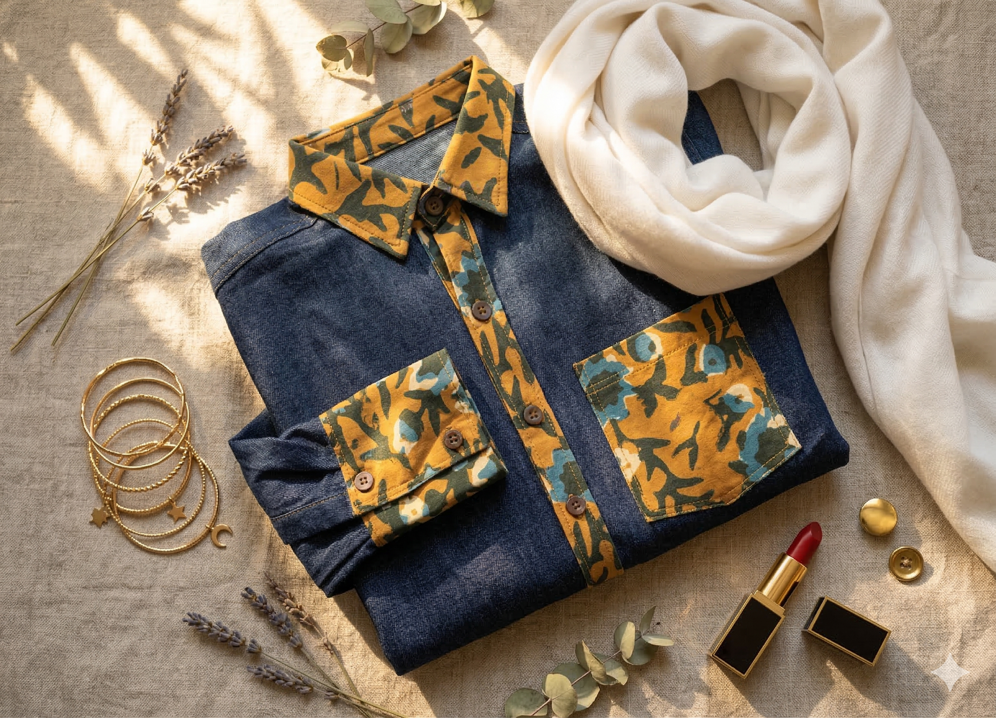 Blue Denim oversized shirt with patterned cuffs, collar and pocket folded neatly and kept next to a white scarf, gold bracelets, and lipstick on a textured surface.