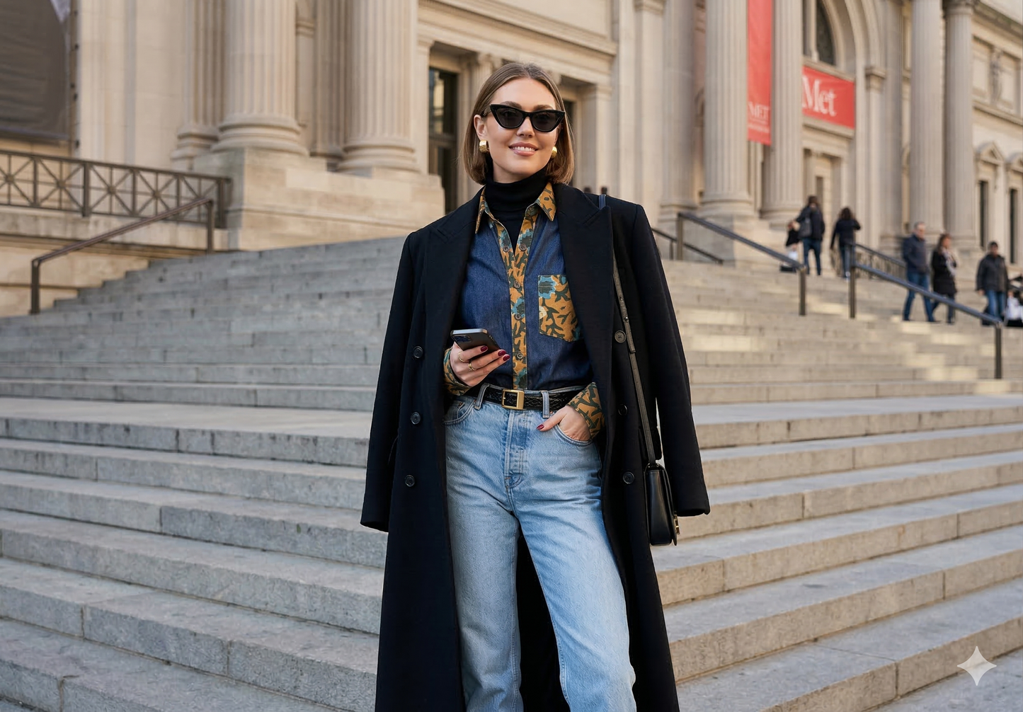Woman in a long black coat over an oversized denim shirt with patterned cuffs, neckline and pocket and blue jeans standing on steps in front of a large building.