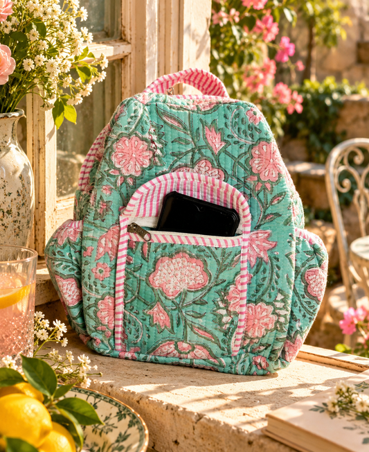 A quilted backpack with a pink and green floral pattern and striped trim, styled on a stone windowsill with a phone in its front zip pocket, surrounded by flowers, lemons, and a glass of pink drink.