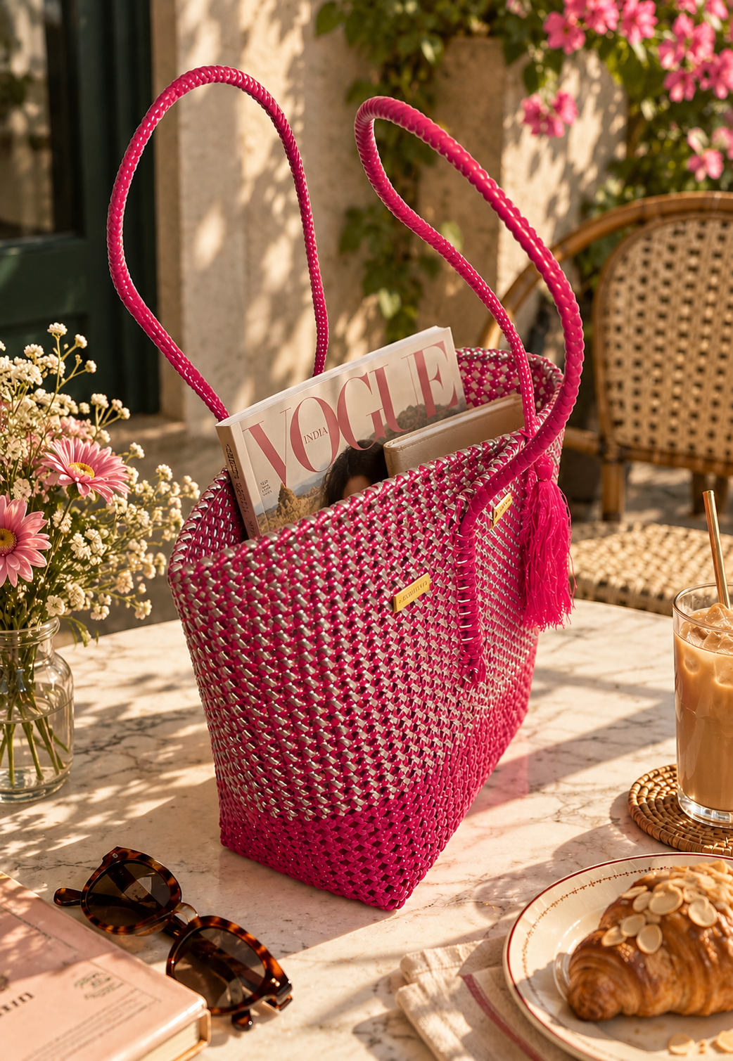 a bright pink and silver woven tote bag carrying a vogue magazine and a notepad placed on a marble tabletop with flowers, sunglasses, a plate of croissant, and iced coffee. 