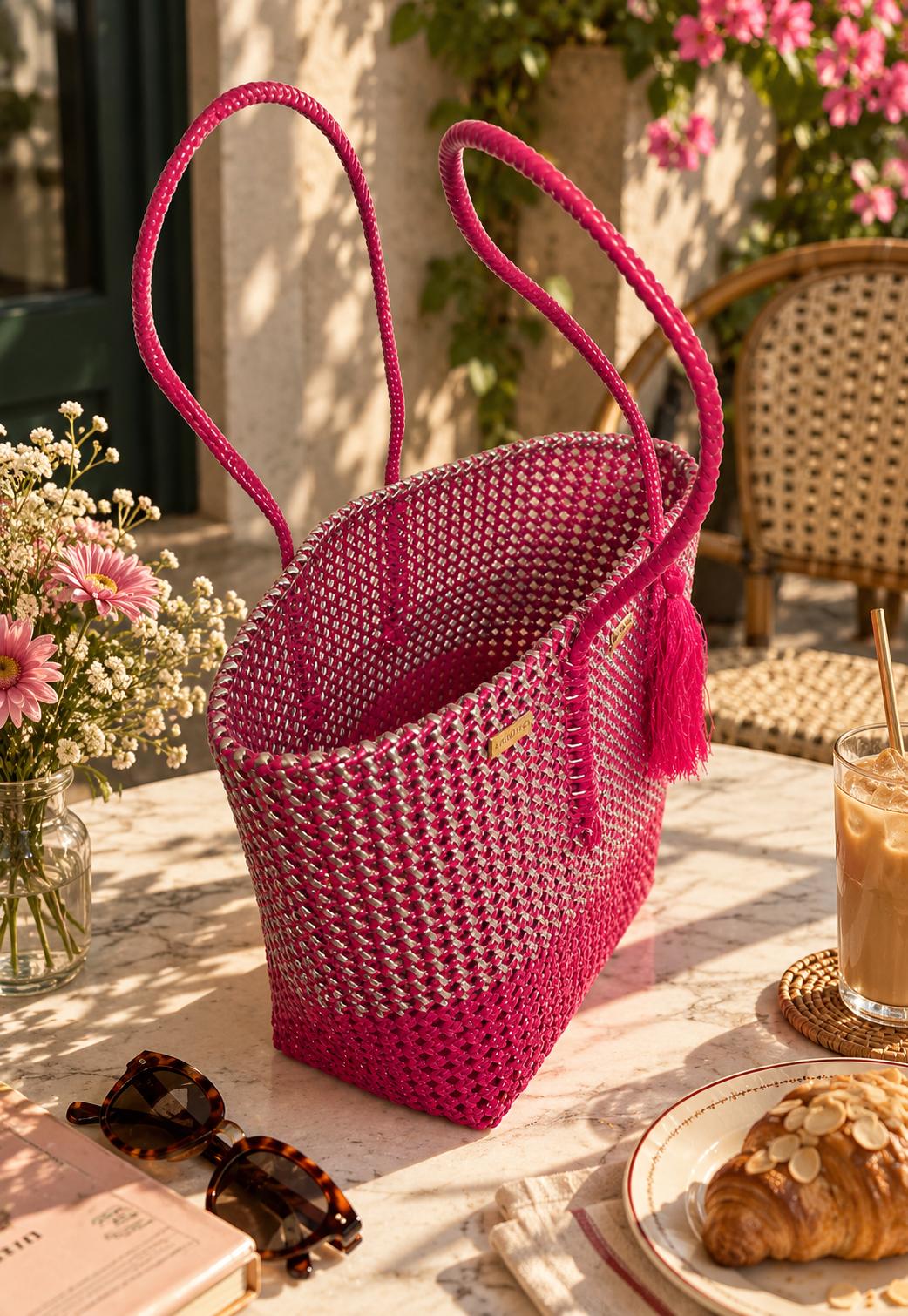 A bright pink woven tote bag with long handles and a tassel detail, styled on a marble table with sunglasses, a book, flowers, and an iced coffee in a sunny outdoor setting.