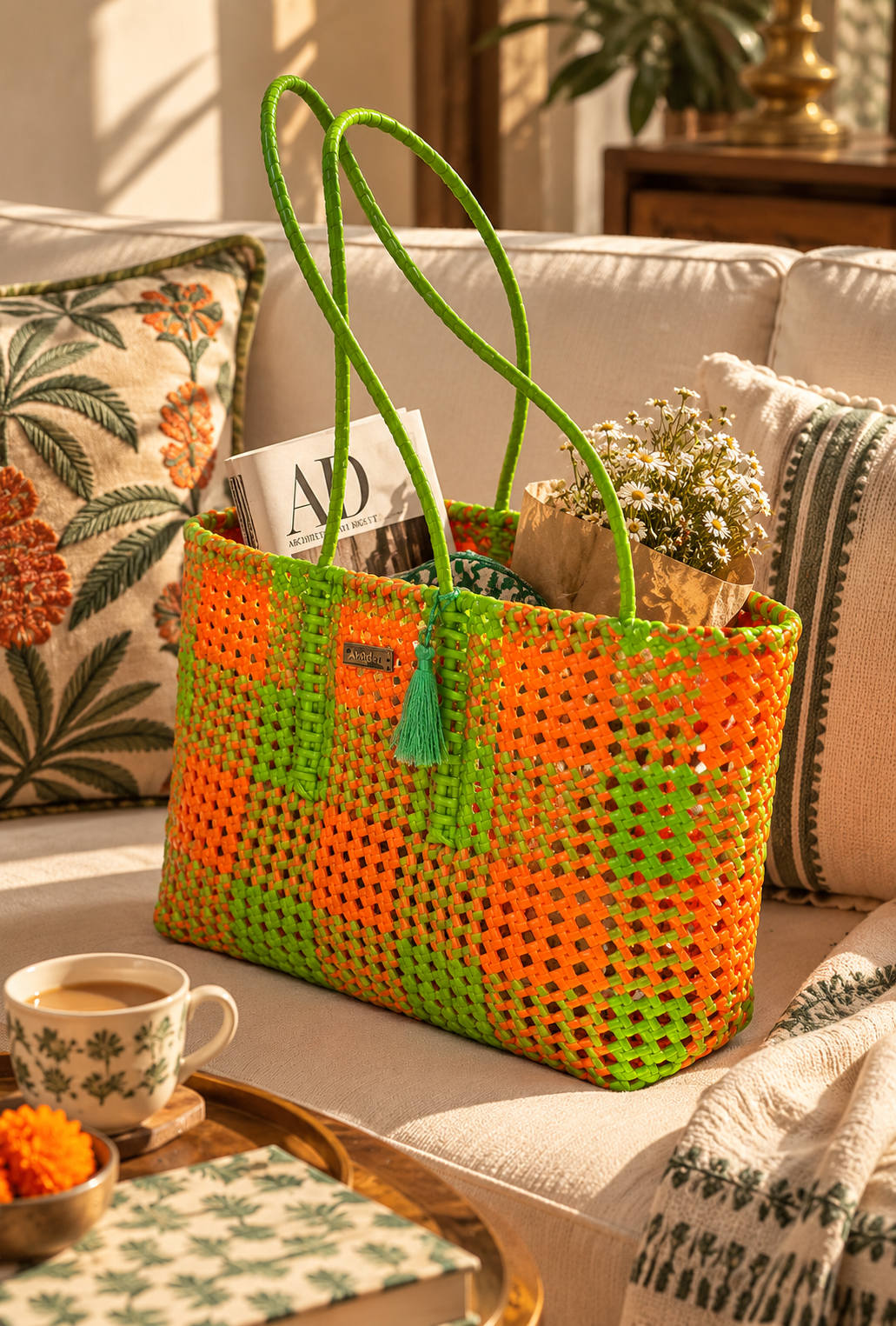 A bright orange and green woven tote bag with long handles sits on a beige sofa in a sunlit living room, styled with patterned pillows, a cup of coffee, and small dried flowers.