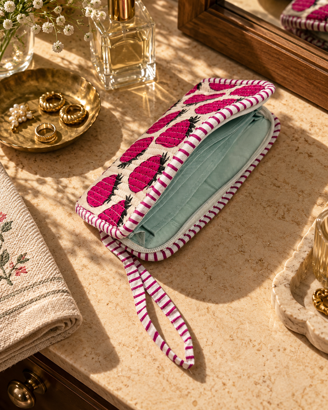 A quilted fabric clutch or wallet with a pink and white striped handle and a pink strawberry pattern, resting on a beige stone surface with a matching striped wristlet strap.
