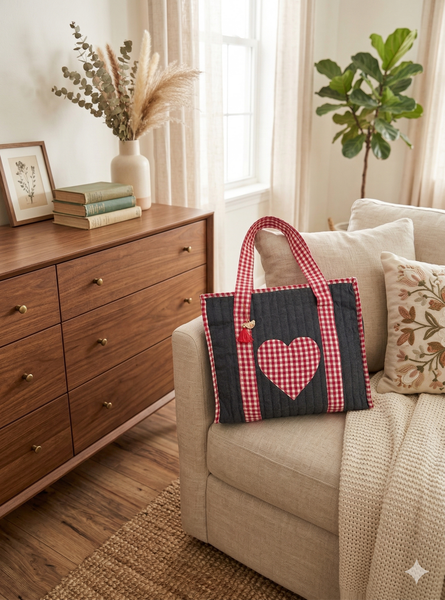 A denim tote bag with pink heart design pocket in the front along with pink checkered handles, pink tassles on a couch in a living room setting
