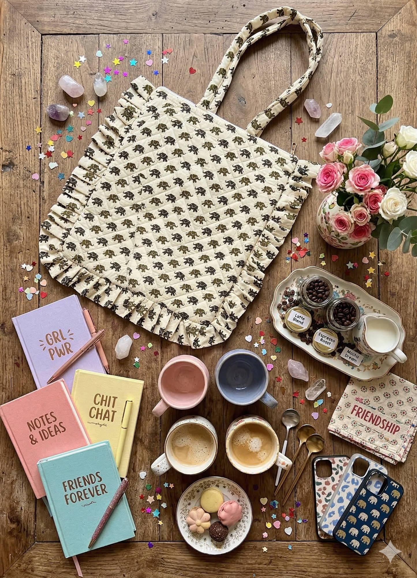 All over elephant Patterned quilted zippered tote bag on a wooden table with coffee, snacks, and stationery items.