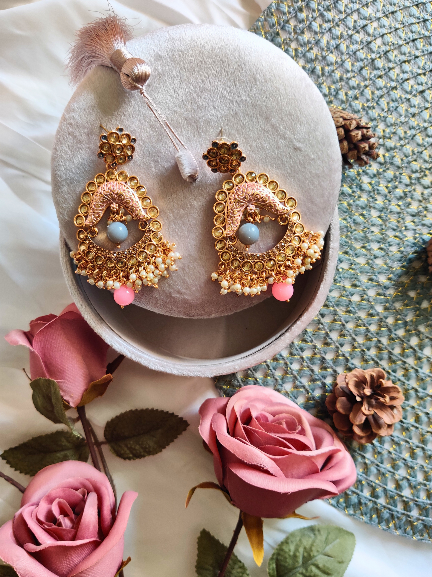 Grey and Pink Pearl Drop Long Earrings