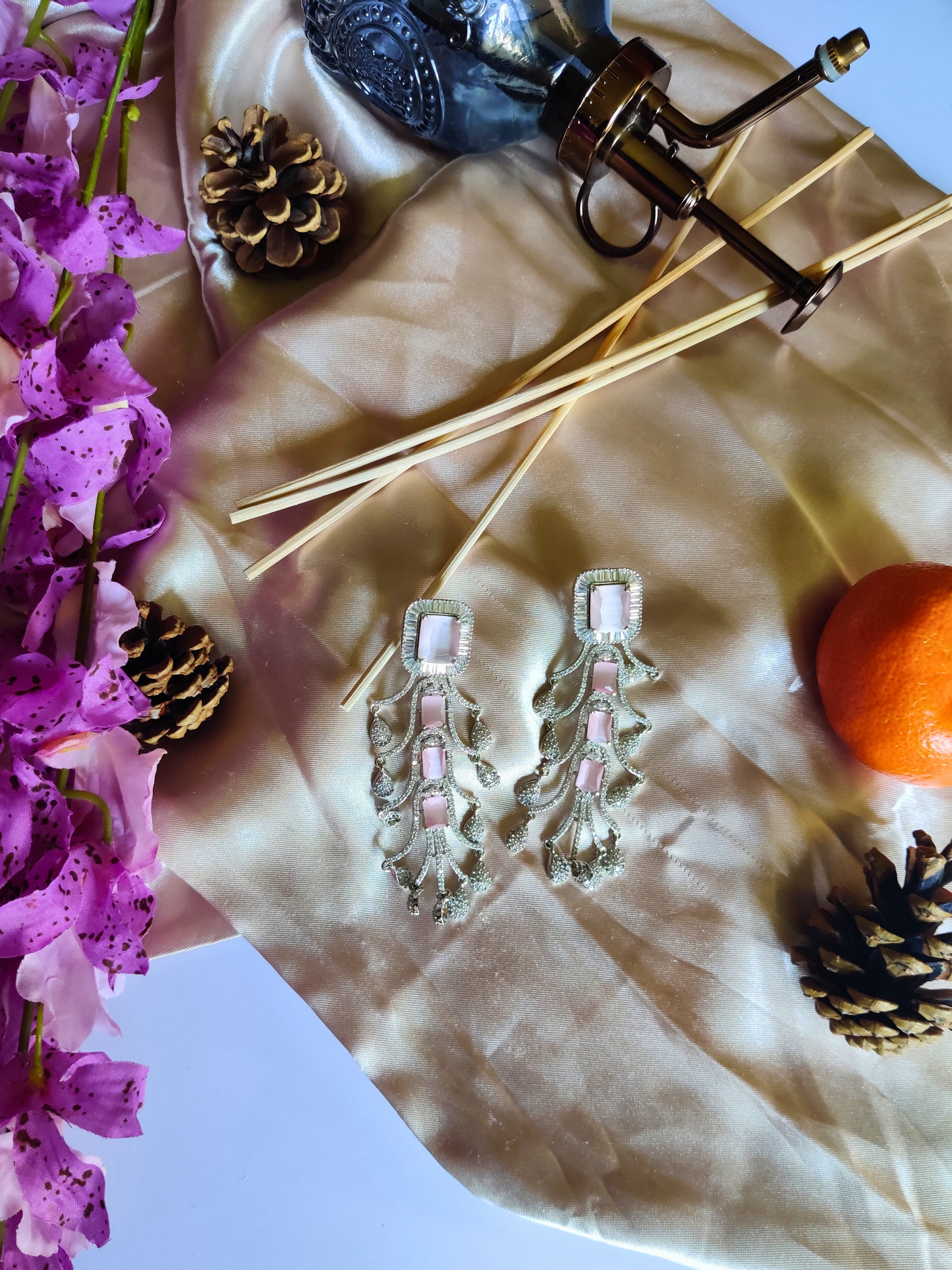 Stunning Long Branch American Diamond Drop Earrings with Baby Pink stone on Silver coloured base 