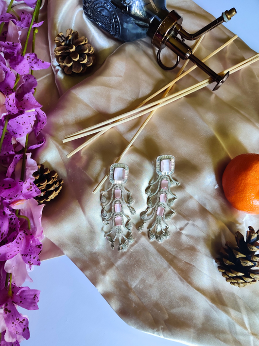 Stunning Long Branch American Diamond Drop Earrings with Baby Pink stone on Silver coloured base 