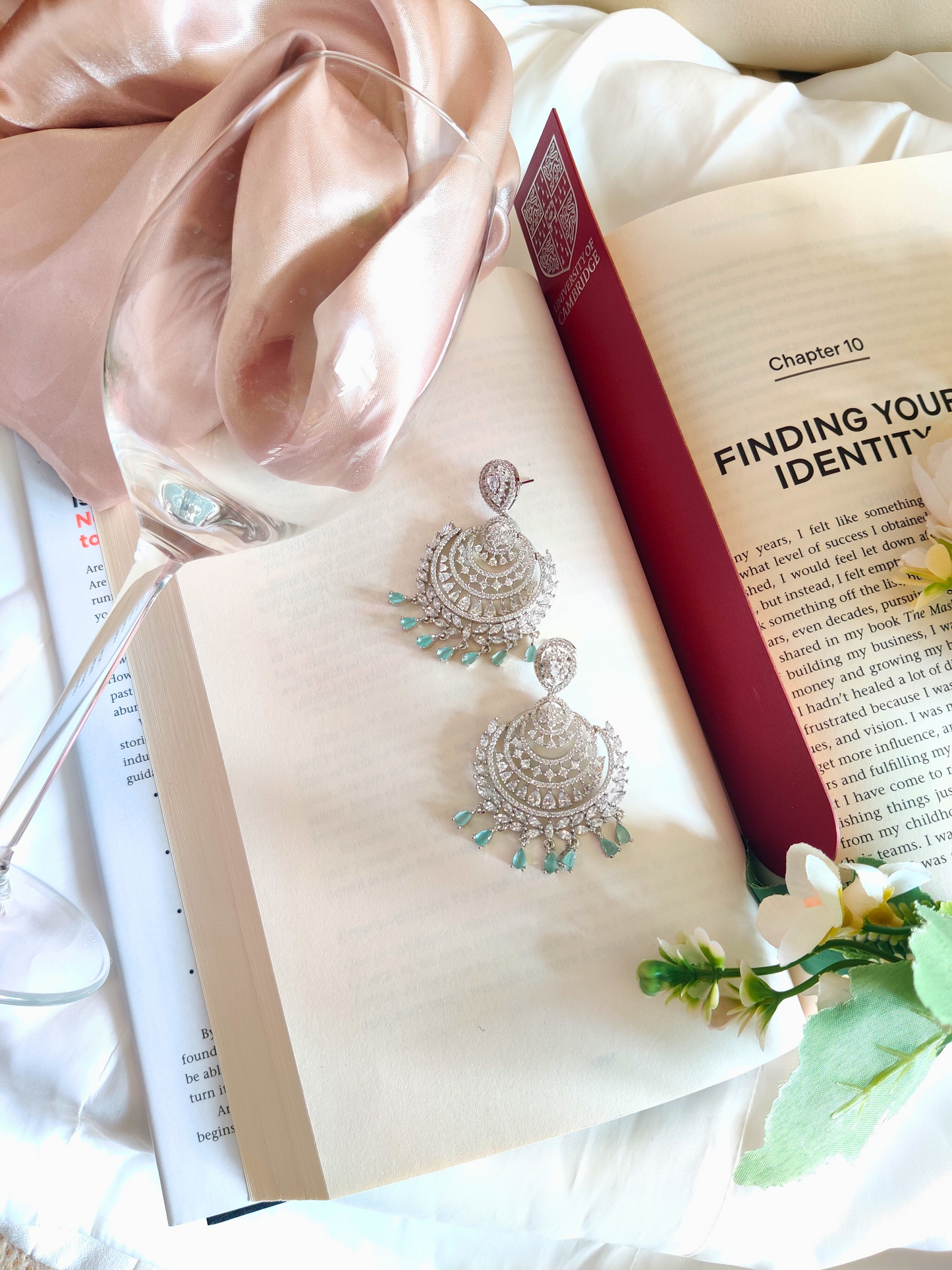 Pista Green Silver base Chandbali AD Drop Earrings