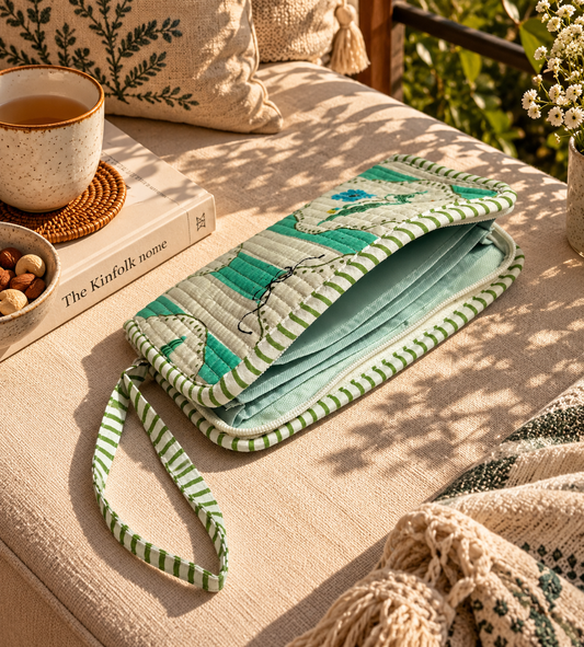A teal green & white stripe pattern quilted wallet with a hand string lying on a beige couch with a waterproof interior with section.  