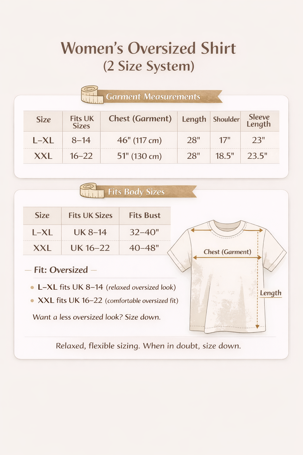Measurement chart for women's oversized shirts with size chart and garment dimensions.