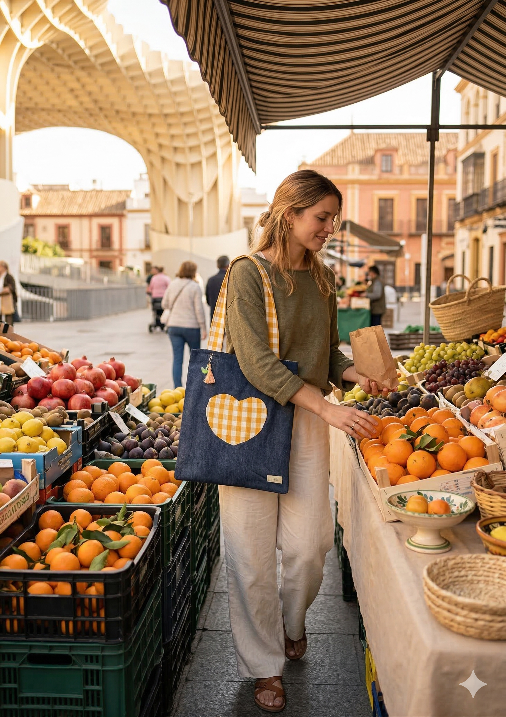 A woman carrying a denim tote bag with white and yellow checkered heart-shaped front pocket and straps, shopping at an outdoor market with fruits and vegetables.