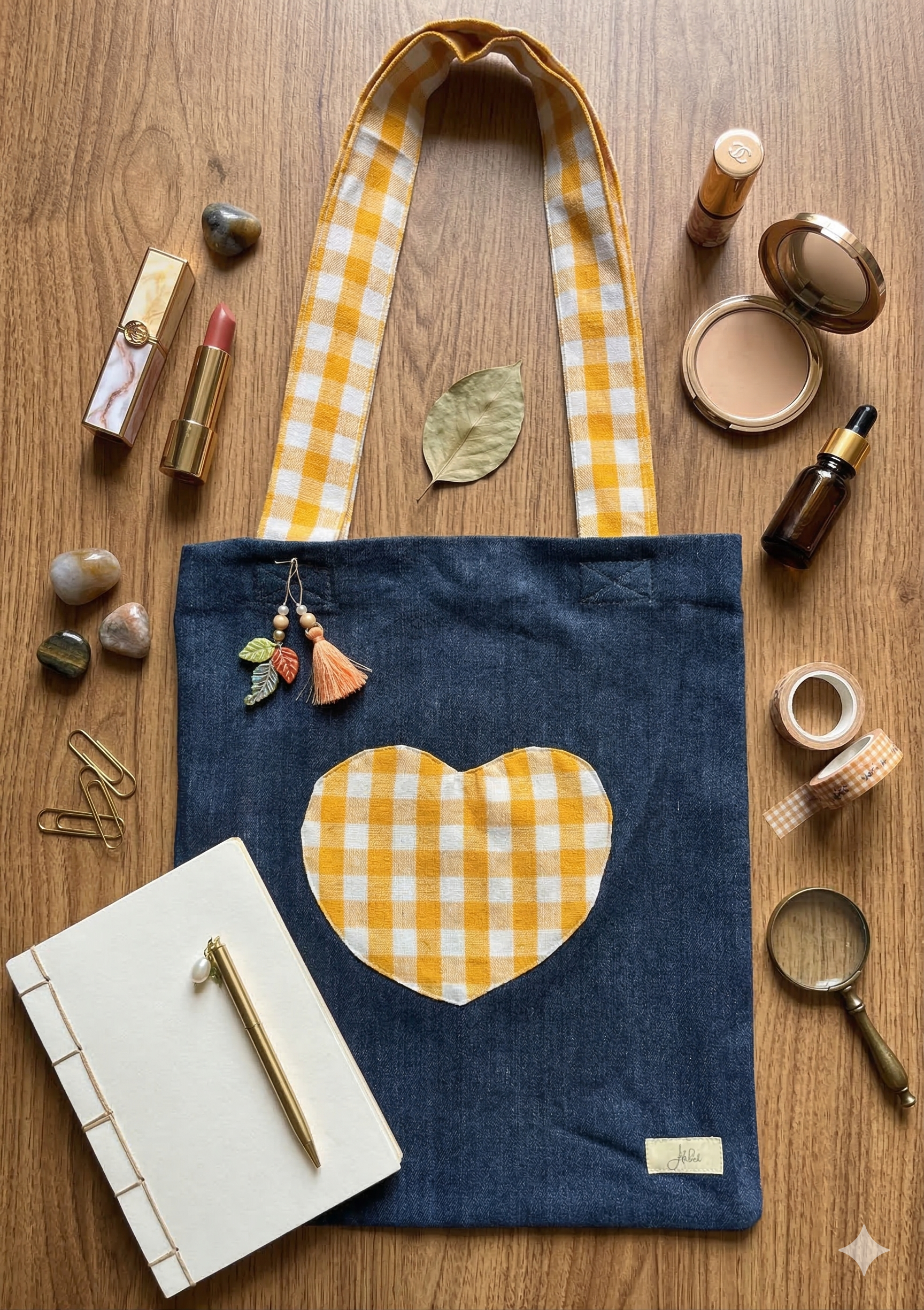 Blue Denim tote bag with a yellow and white checkered heart design on a wooden surface with various items.