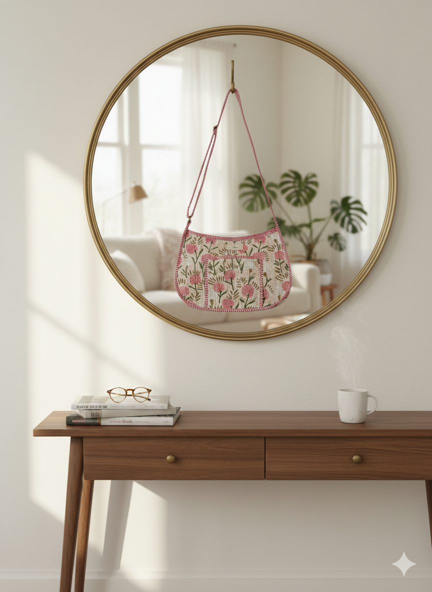 Round gold-framed mirror on a wall with a floral peach crossbody bag reflected, below a wooden console table.