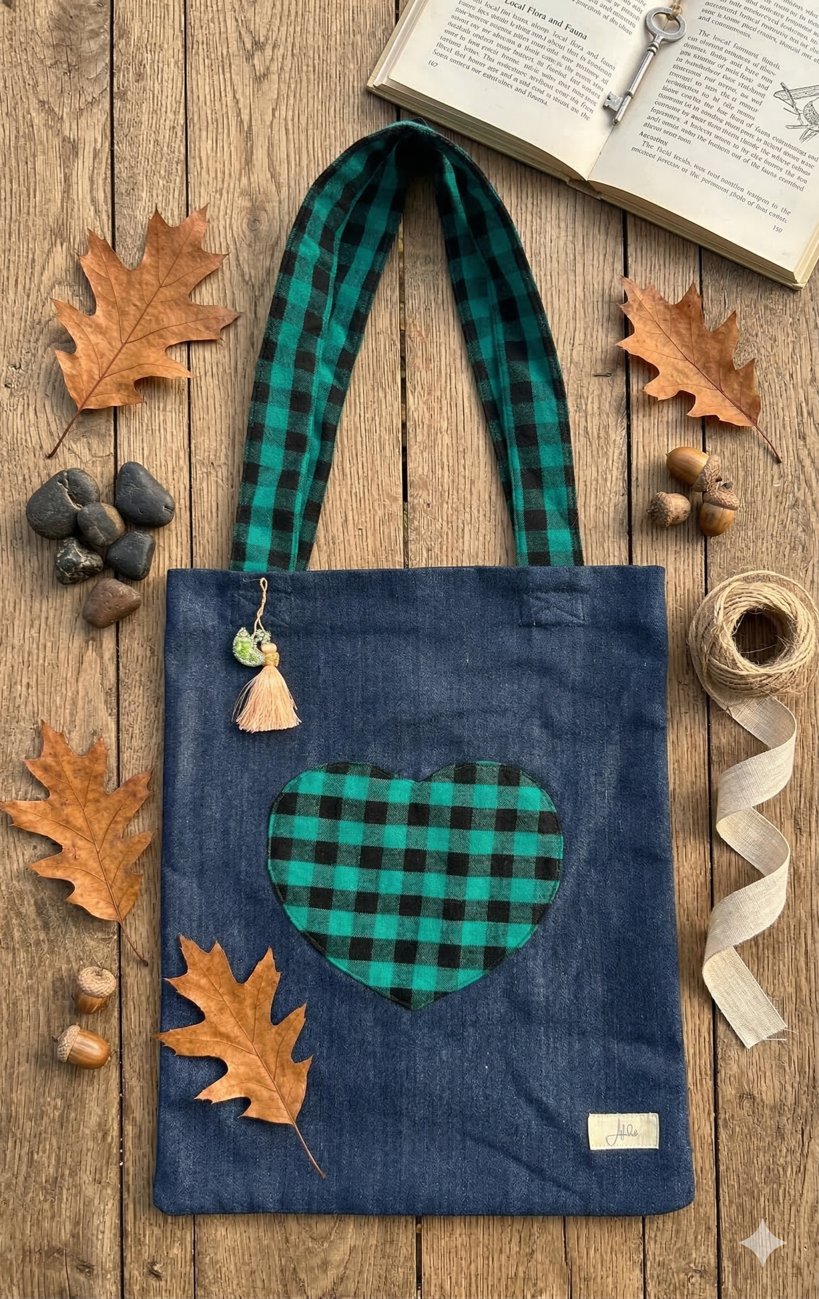 Blue Denim tote bag with green and black heart design front pocket and straps on a wooden surface with autumn leaves and rocks.