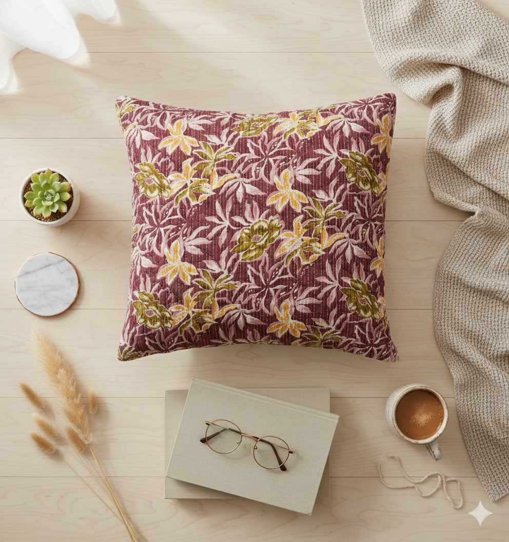 Floral-patterned pillow on a wooden surface with a cup, glasses, and plant.