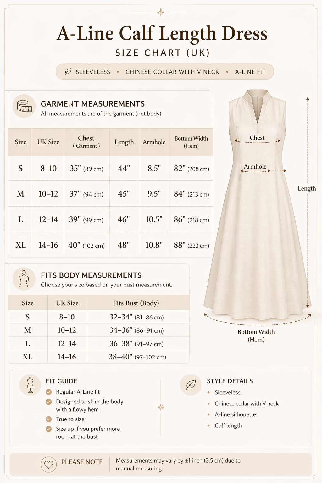 A-line calf length dress size chart with measurements and garment details.